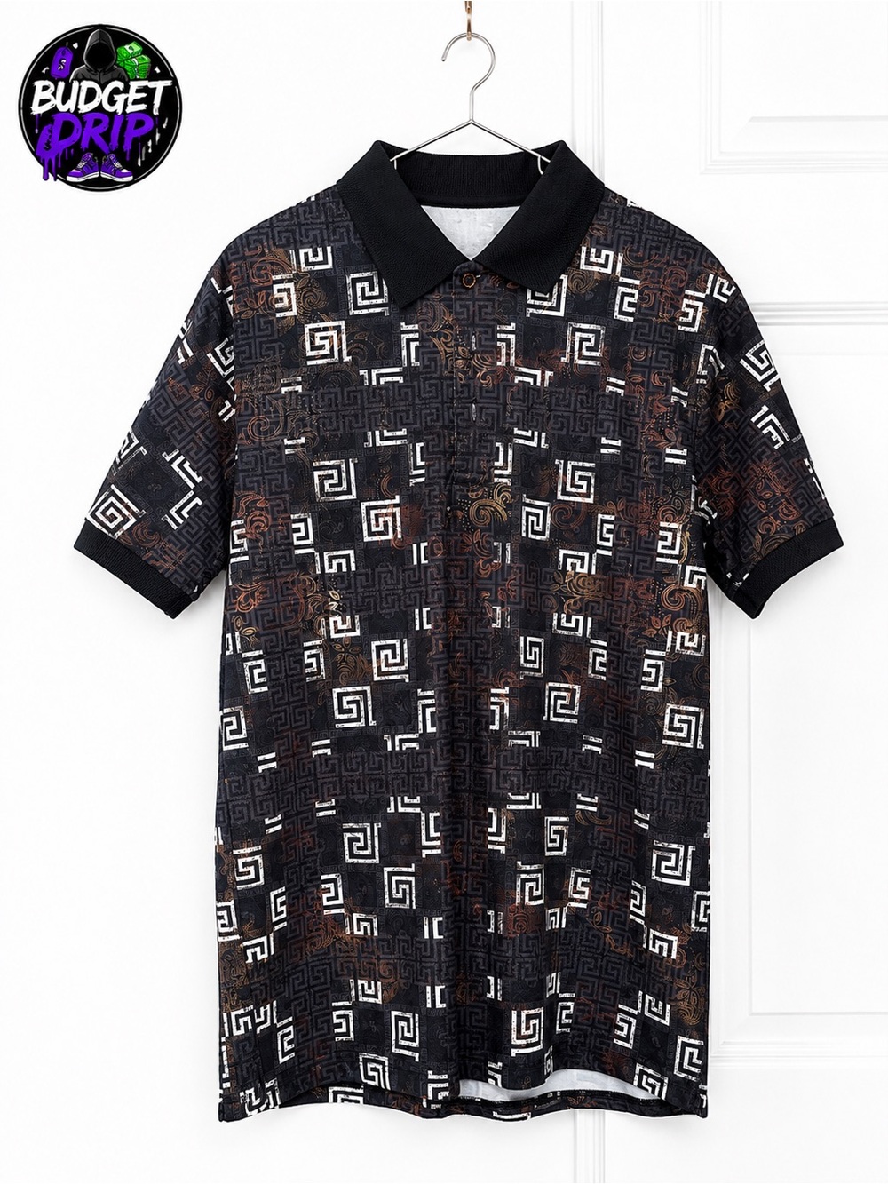 Men's Black Geometric Print Polo Shirt with Subtle Brown Accents